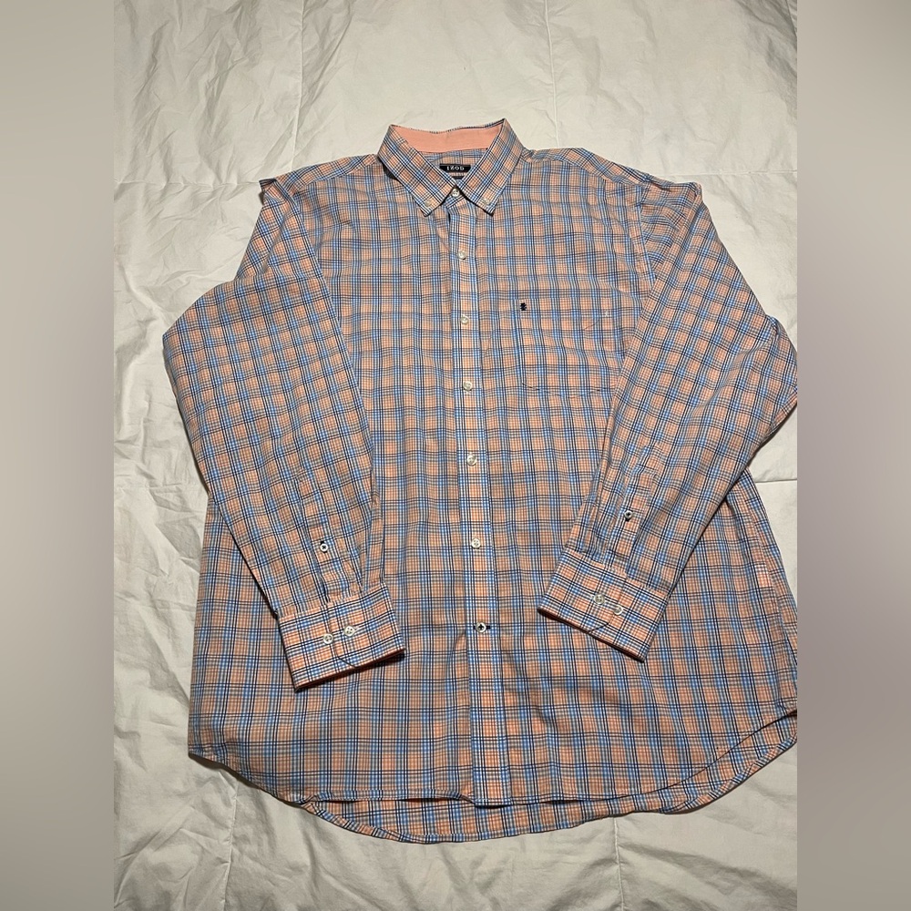 Izod Men's Button Up, Long Sleeve Blue and Orange Plaid Dress Shirt Size XLarge